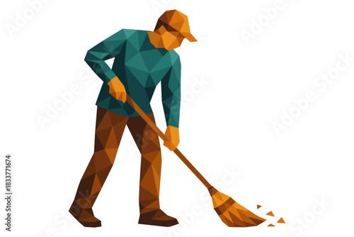 Geometric low poly worker sweeping in cap and uniform on white background