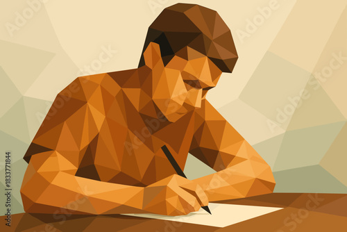 Geometric low poly art of a man writing at a desk in earth tones