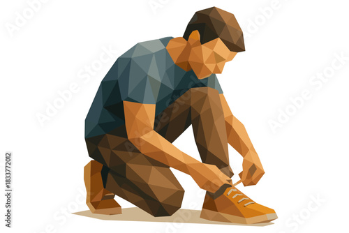 Geometric low poly art of a man tying his shoes in abstract style