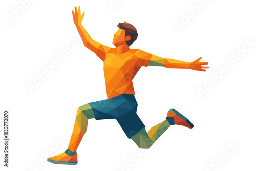 Low poly style running athlete in mid air with geometric shapes and vibrant colors