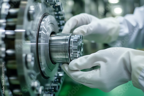 Close-up of Japanese factory worker hands wearing white gloves assembling precision metal component in manufacturing plant