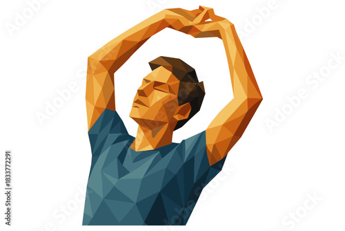 Low poly male figure stretching with geometric design and relaxed expression