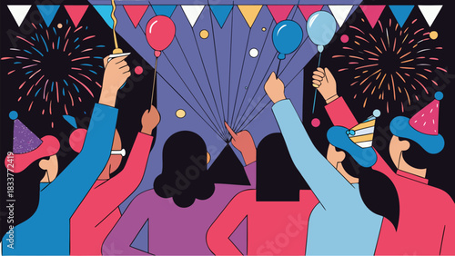 Cheerful individuals celebrating a festive occasion with fireworks balloons and party hats