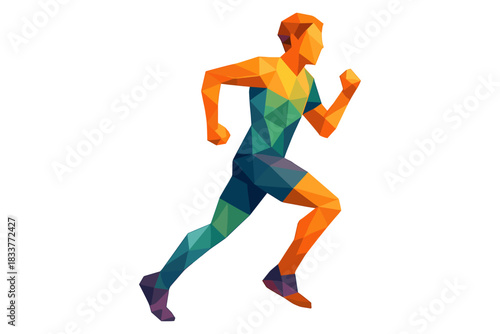 Geometric low poly athlete running in dynamic pose on white background