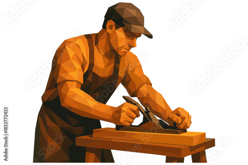 Geometric art of craftsman working with wood planer in workshop