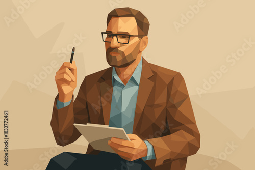 Geometric style man thinking with tablet and stylus in hand