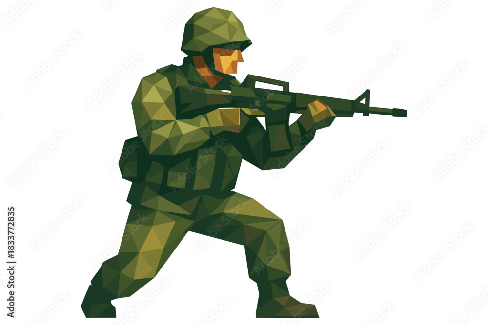 Fototapeta premium Low poly soldier in action pose with rifle on white background