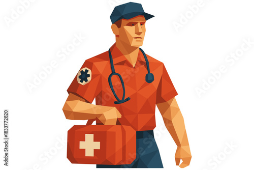 Low poly emergency responder with medical kit and stethoscope on isolated background