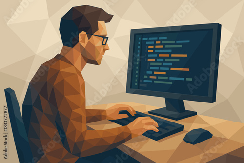 Developer coding on computer in low poly art style