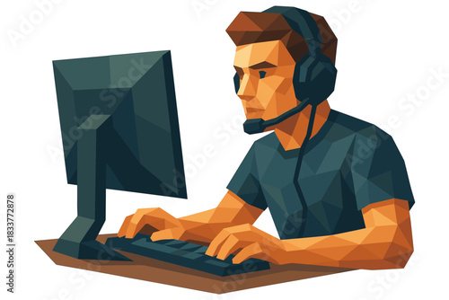 Low poly gamer at computer wearing headset for online play