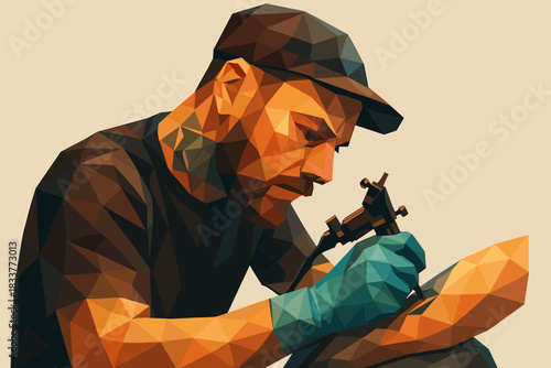 Low poly tattoo artist creating art with precision and skill