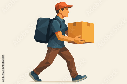 Delivery person carrying package in geometric style for e-commerce logistics theme