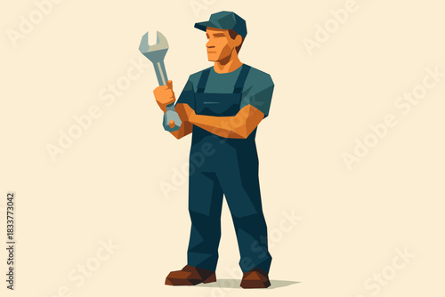 Polygon mechanic holding wrench in uniform: modern low poly art design
