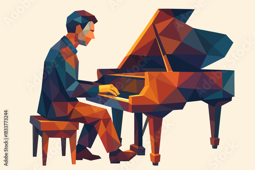 Geometric art style pianist playing grand piano in vibrant low poly design