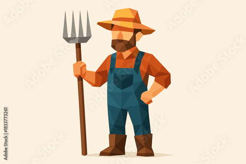 Low poly farmer holding pitchfork in overalls and hat on beige background