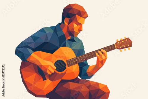 Geometric art of man playing guitar with low poly design and vibrant colors