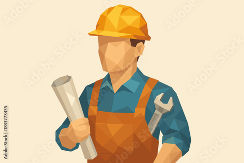 Geometric construction worker holding blueprint and wrench