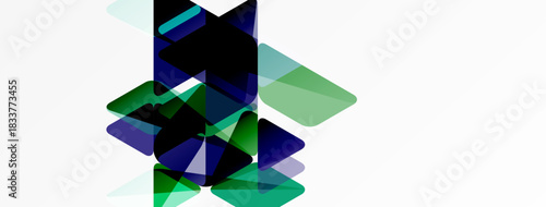 Abstract geometric shapes overlap, creating layered visual effect. Greens, blues dominate white background. Modern design elements present.