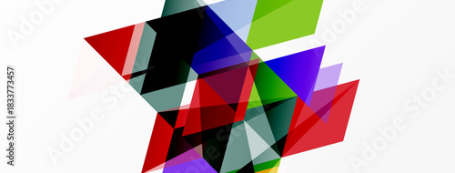 Abstract geometric shapes overlap, creating vibrant color contrasts. Composition features triangles, rectangles, dynamic arrangement.
