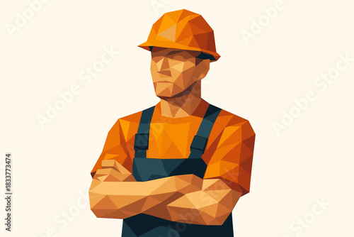 Low poly construction worker in orange safety gear with arms crossed