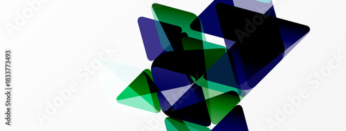Abstract shapes overlap, creating dynamic composition. Green, navy, teal hues dominate white background. Modern design elements present.