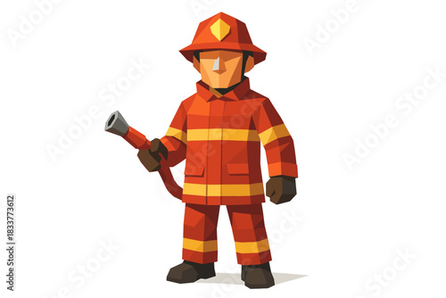 Geometric style firefighter art with hose and helmet in red uniform