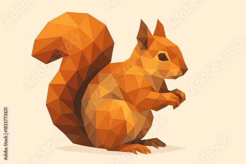 Geometric low poly squirrel in vibrant warm tones on a neutral background