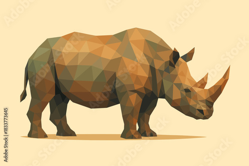 Low poly rhinoceros on beige background with geometric shapes in modern style