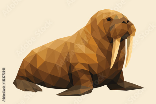 Geometric low poly walrus design in brown tones on light background