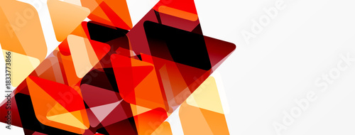 Abstract geometric shapes overlap, creating vibrant orange, red tones. White space dominates right side, offering contrast. Modern design.