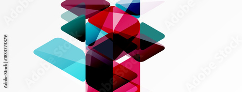 Abstract geometric shapes overlap, creating vibrant color blends. Composition feels modern, dynamic, visually interesting.