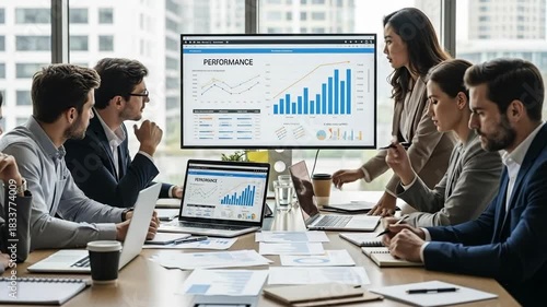 Business team analyzing financial data on large monitor during meeting in modern office