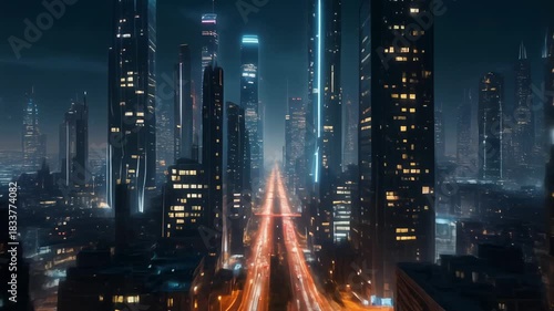 Wallpaper Mural Futuristic city skyline at night with glowing skyscrapers and light trails on a busy highway, an advanced urban landscape showcasing modern architecture and vibrant energy Torontodigital.ca