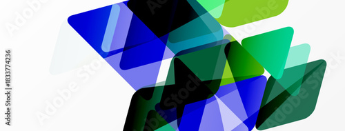 Abstract shapes overlap, creating vibrant blue, green hues. Minimalist design, modern aesthetic, clean background present.