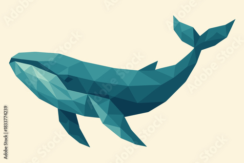 Polygonal blue whale art on a light background with geometric shapes