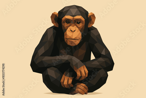 Low poly chimpanzee sitting with folded arms on beige background