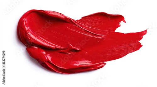 walgreens. Bright red lipstick texture smear, showcasing creamy cosmetic product detail on a clean white background. lifestyle magazines.