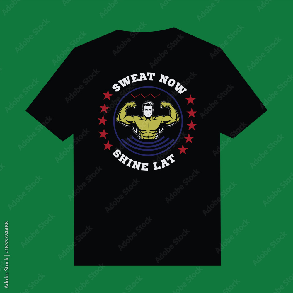 Fototapeta premium Black t-shirt with muscular man graphic and text bodybuilding