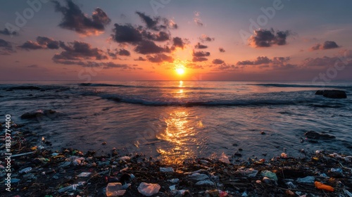 Trash accumulates on a sandy beach as the sun sets in the background casting golden light over the ocean. The scene highlights the contrast between nature and pollution.