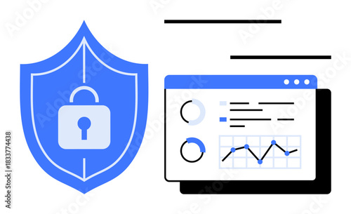 Blue shield with lock next to analytics dashboard featuring charts, graphs, and data visualization. Ideal for cybersecurity, data protection, technology, analytics, business, safety online privacy