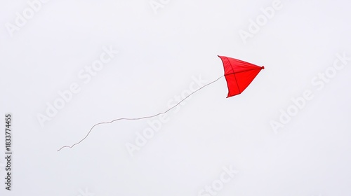 perigee. Broken kite string, kite drifting away in gray overcast sky, minimalist composition. wellbeing guides, coaching materials, designed for mental health education and mindfulness programs.