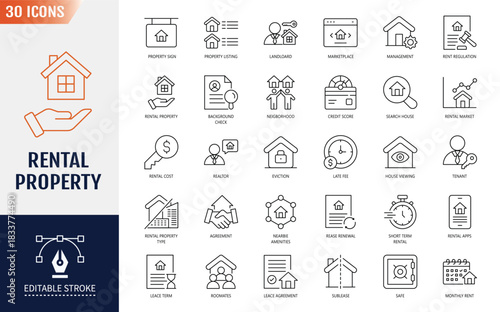 Rental property icon set. Editable stroke. Vector illustration