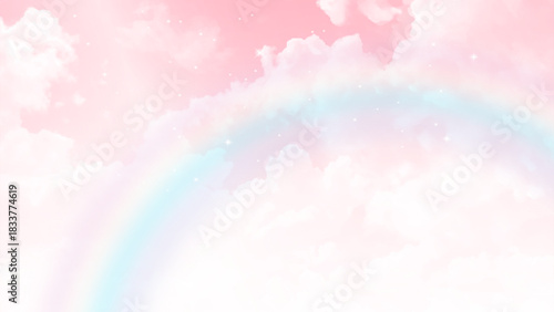 Pastel sky with soft white clouds. Fantastic color fantasy background. Sweet dreams concept for wallpaper, backdrop and design.