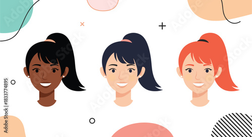 Diverse group of three smiling young women with different ethnicities and hairstyles against an abstract background vector set.