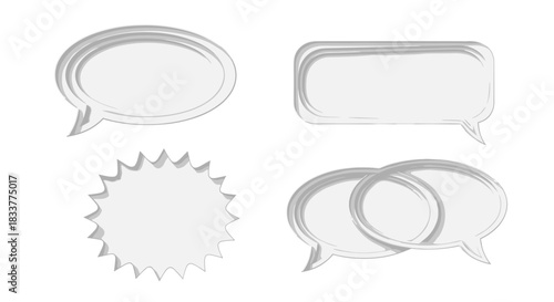 Set of four blank gray speech bubbles in different shapes with a modern layered paper cut effect for communication concepts.