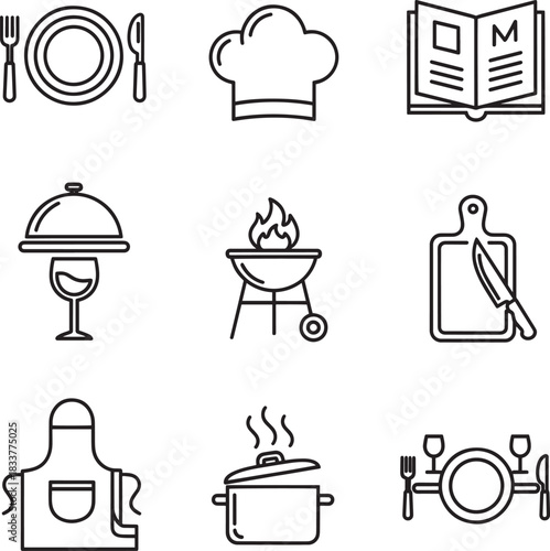 Cooking Restaurant Line Icon Set Chef Food Menu Grill Kitchen