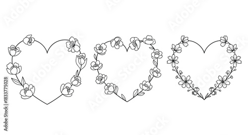 Set of three beautiful hand-drawn heart-shaped frames decorated with delicate floral wreaths in a simple black and white style.