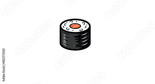 Simple cartoon vector icon of a single Japanese maki sushi roll with salmon isolated on a clean white background for a logo.