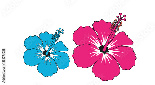 Two vibrant tropical hibiscus flowers one pink and one blue in a simple flat vector style isolated on a white background.