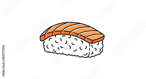 Simple cartoon vector illustration of a single piece of fresh salmon nigiri sushi isolated on a plain white background.